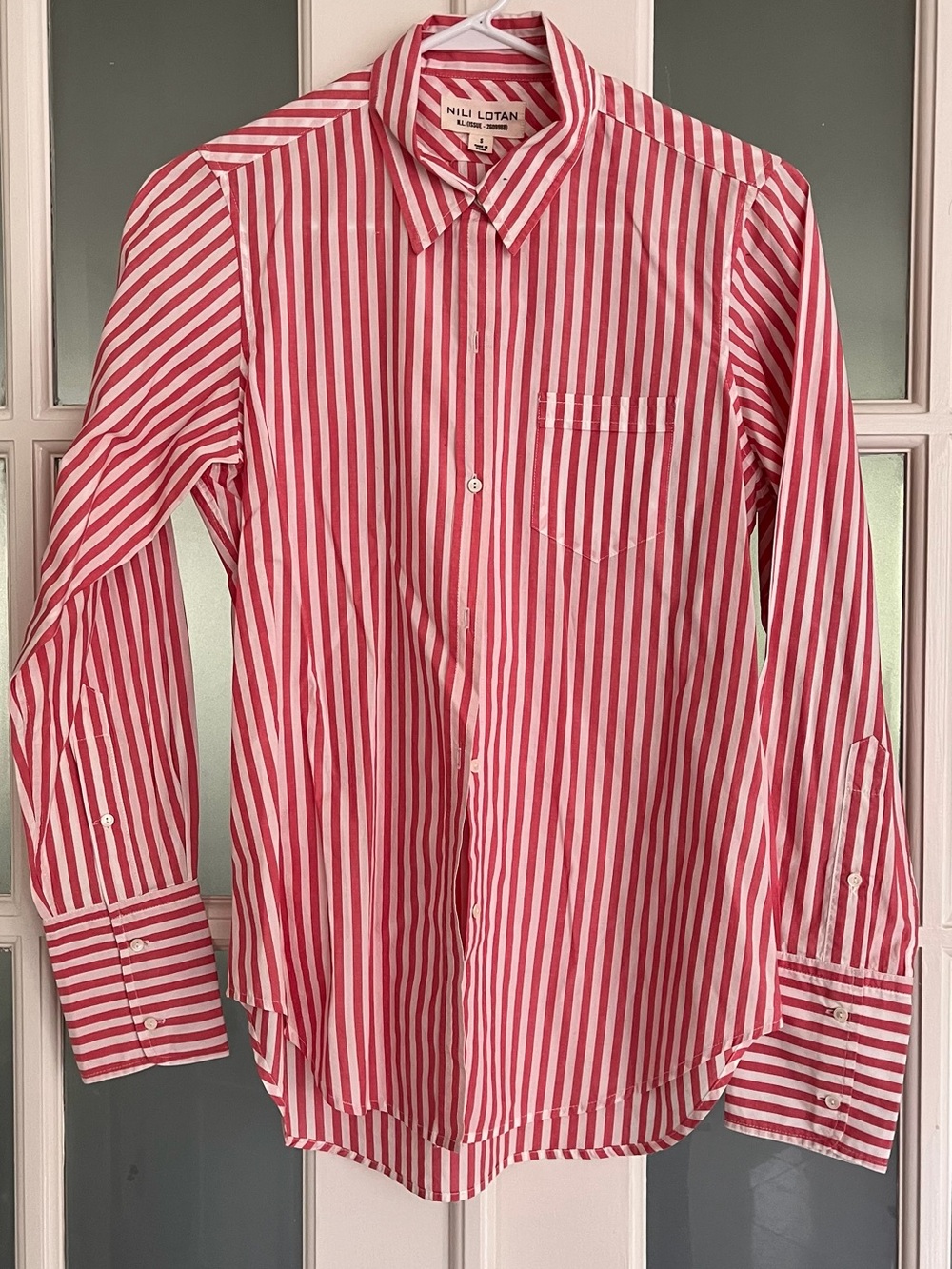 Nili Lotan Oxford button up shirt, Red White Stripe, size S